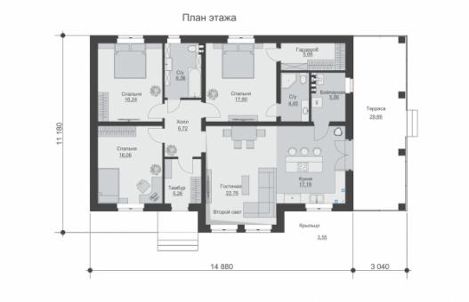 Одноэтажный дом с двумя санузлами и вторым светом.